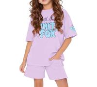 Sommer - Tuta da ragazza per bambini, con maglietta e pantaloncini alla moda, 2 pezzi, a maniche corte, con stampa a lettere e pantaloncini da jogging larghi, set di abbigliamento casual preppy, @25