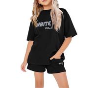 Sommer - Tuta da ragazza per bambini, con maglietta e pantaloncini alla moda, 2 pezzi, a maniche corte, con stampa a lettere e pantaloncini da jogging larghi, set di abbigliamento casual preppy, @10