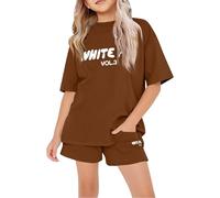 Sommer - Tuta da ragazza per bambini, con maglietta e pantaloncini alla moda, 2 pezzi, a maniche corte, con stampa a lettere e pantaloncini da jogging larghi, set di abbigliamento casual preppy, @12