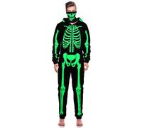 SOMSOC Men Halloween Skeleton Costume Glow in the Dark Adult Skeleton Onesie Pajama Halloween Skull Face Cover Jumpsuit Set Black