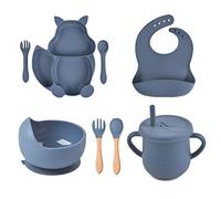 SONARIN Set Pappa Svezzamento Bambini,8 Pezzi Set Pappa Bambini Silicone con Ventosa Piatto Ciotola Tazze Cucchiaio Forchetta Bavaglino Set Svezzamento Senza BPA per Neonati(Blu Scuro)