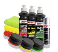 Sonax Profiline ExCut 05-05 - Kit di lucidatura per auto contro graffi profondi + EX 04-06 Lucidatura lucida + OS 02-06 Lucidatura di finitura + Quick Detailer + 3 tamponi per lucidatura