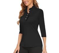Soneven Camicetta Donna Elegante Camicia a 3/4 Maniche Polo da Golf Donna a Maniche Lunghe Lady Office Camicetta Estiva con Volant Colletto Alto Top, Nero , XL