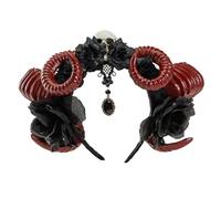 Songelt Cerchietto per capelli con corno di strega e rosa scura, in pizzo scuro, per carnevale, feste, gotico, fatto a mano, costume da diavolo, corno da diavolo
