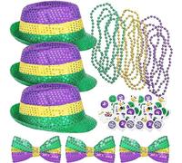 Songelt Mardi Gras Accessori Costume Per Carnevale Celebrazione Paillettes Fedora Cappello Collana di Perline Papillon FatTuesday Decorazione Mardi Gras Costume Donne Uomini Set di accessori