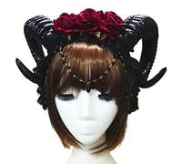 Songelt Mystical - Cerchietto da donna con corno di pecora, con 3 rose e ciondolo, per vampiro, gotico, cosplay, testa di carnevale
