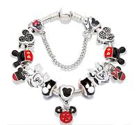 SONGK Braccialetto di Cristallo Rosso dei monili di Fascino del Cuore di Colore dell'argento del Braccialetto della Perla del Pendente di Mickey Minnie di Disegno Classico