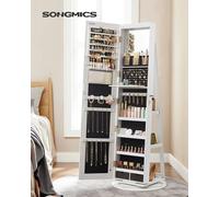 SONGMICS 6 led armadietto per gioielli a specchio, specchio girevole a 360 ° con serratura a tutta lunghezza con contenitore, superficie bianca, fodera nera