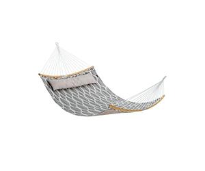 SONGMICS Amaca in Tessuto Trapuntato con Aste Curve in Bamboo Rimovibili, Cuscino, 200 x 140 cm, Capacità di Carico da 225 kg, Grigio e Rombi Beige GDC034G02
