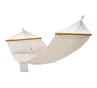 SONGMICS Amaca, Letto Dondolo da Esterno con 2 Cuscini, Barre di Legno, Capacità di Carico 300 kg, 122 x 14.5 x 14.5 cm, Beige GDC22M