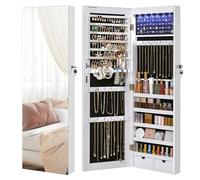 SONGMICS Armadietto Portagioielli da Parete con Specchio, 6 Luci a LED | Organizzatore per Gioielli, Senza Cornice, da Porta o Muro, Grande Capacità, 2 Cassetti, Bianco, Collezione BERIT JJC99WT