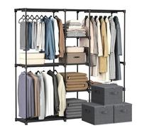 SONGMICS Armadio Aperto con Set di 3 Scatole Portaoggetti, Guardaroba con Barre e Ripiani in Tessuto, Contenitori Pieghevoli in Tessuto con Maniglie, Nero e Grigio RYB037B01