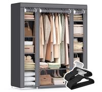 SONGMICS Armadio in Tessuto con Set di 50 Grucce, Guardaroba con Barra Appendiabiti e Ripiani, Grucce in Velluto Antiscivolo, Scanalature sulle Spalle, Grigio e Nero LSC003G01