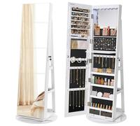 SONGMICS Armadio per gioielli con specchio su piedini, con 6 LED, portaoggetti girevole a 360°, specchio psiche senza cornice, 3 ripiani, superficie in bianco, fodera in nero JJC007W01