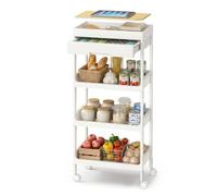 SONGMICS Carrello a 4 Ripiani, Carrello Scaffale da Cucina con Ruote, con Ripiano Rimovibile e Cassetto, in Plastica, Facile da Montare, Bianco e Rovere Dorato BSC070W101