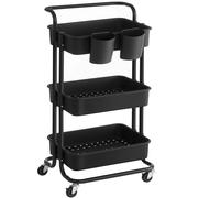 SONGMICS Carrello con Ruote, Carrello Portaoggetti a 3 Ripiani, con Maniglia, 2 Piccoli Organizer, Struttura in Acciaio, Cestini in Plastica, per Camera da Letto, Bagno, Lavanderia, Nero/Bianco