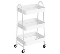 SONGMICS Carrello Scorrevole a 3 Livelli, Portaoggetti di Metallo, Trolley da Cucina con 2 Freni e Manici, Carrello Mobile, Montaggio Facile, per Utensili Camera da Letto Lavanderia, Bianco BSC068W01