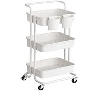 SONGMICS Carrello Portaoggetti, Carrello da Cucina a 3 Ripiani in Metallo, con Manico, 3 Cestini，2 Portabiancheria, Organizzatore per Trucco, Bagno, Ufficio, Bianco BSC067W01
