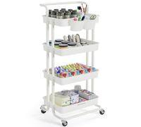 SONGMICS Carrello Scorrevole, Trolley a 4 Livelli, Carrello di Servizio con Manico e 2 Piccoli Organizzatori, Struttura in Acciaio, per Bagno Lavanderia, Bianco BSC077WZ01
