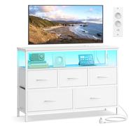 SONGMICS Cassettiera con 5 Cassetti in Tessuto, con Luci LED e Prese | Mobiletto in Acciaio, Ripiano Aperto, per Camera da Letto, 98,7 x 30 x 68,1 cm, Bianco Nuvola, Collezione BELLAH LGS723WH01