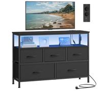 SONGMICS Cassettiera con 5 Cassetti in Tessuto, con Luci LED e Prese | Mobiletto in Acciaio, Ripiano Aperto, per Camera da Letto, 98,7 x 30 x 68,1 cm, Nero, Collezione BELLAH LGS723BH01