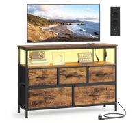 SONGMICS Cassettiera con 5 Cassetti in Tessuto, con Luci LED e Prese | Mobiletto in Acciaio, Ripiano Aperto, per Camera da Letto, 98,7 x 30 x 68,1 cm, Marrone e Nero, Collezione BELLAH LGS723KD01