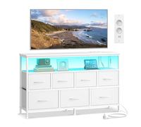 SONGMICS Cassettiera con 7 Cassetti in Tessuto, con Luci LED e Prese | Mobiletto in Acciaio, Ripiano Aperto, per Camera da Letto, 113,8 x 30 x 68,1 cm, Bianco Nuvola, Collezione BELLAH LGS733WH01