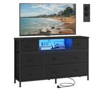 SONGMICS Cassettiera con 8 Cassetti, Mobile Porta TV in Acciaio e Tessuto, con Luci LED, Prese CA e USB, 113,8 x 30 x 68,1 cm, Nero, per Camera da Letto, Collezione Bellah LGS433BH02