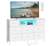 SONGMICS Cassettiera con 8 Cassetti, Mobile Porta TV in Acciaio e Tessuto, con Luci LED, Prese CA e USB, 113,8 x 30 x 68,1 cm, Bianco Nuvola, per Camera da Letto, Collezione Bellah LGS433WH02