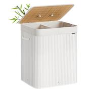 SONGMICS Cesta Portabiancheria con Coperchio, 2 Scomparti, 120 L, Cesto Porta Biancheria in Bambù Pieghevole, Sacco Rimovibile e Lavabile in Lavatrice, Maniglie, Lavanderia Camera, Bianco LCB014W01