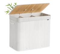 SONGMICS Cesta Portabiancheria con Coperchio, 3 Scomparti, 170 L, Cesto Porta Biancheria in Bambù, Pieghevole, Sacco Rimovibile e Lavabile in Lavatrice, Maniglie, Lavanderia Camera, Bianco LCB013W01