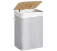 SONGMICS Cesta Portabiancheria con Coperchio, 72 L, Cesto Porta Biancheria in Bambù, Pieghevole, Sacco Rimovibile e Lavabile in Lavatrice, Maniglie, Lavanderia Camera, Grigio LCB010G01