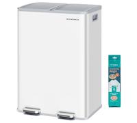 SONGMICS Cestino da Cucina, 2 x 30 L, 2 Scomparti, Pattumiera a Pedale con Coperchio a Chiusura Morbida e Secchio Interno, Acciaio, 15 Sacchi Inclusi, Bianco Opaco LTB741W02