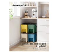 SONGMICS Cestino da Cucina Raccolta Differenziata, Set di 4 Pattumiere Impilabili 20L, Smaltimento Rifiuti, Coperchi a Pressione, Adesivi, Contenitori, Giallo, Blu, Beige e Verde