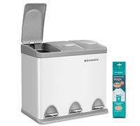 SONGMICS Cestino per Rifiuti da Cucina, 3 x 8 L Pattumiera Differenziata Piccolo Volume, Cestino Triplo in Acciaio, Pedali e Secchi Interni, Facile da Pulire, Bianco e Grigio LTB24WT