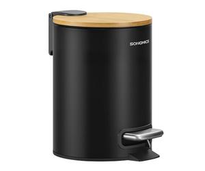 SONGMICS Cestino Piccolo, Pattumiera con Coperchio in Bambù, Pedale in Metallo, Secchio Interno Rimovibile, Chiusura Morbida, Bagno, 3 L, Nero Inchiostro LTB113BZ01