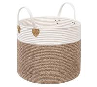 SONGMICS, Cesto in Corda di Cotone, Cestello Portaoggetti con Maniglie, Portabiancheria da 50L, per Abiti Giochi Coperte, Salotto e Camera da Letto, 40 x 35 cm (Diam. x A), Marrone e Beige LCB441N01