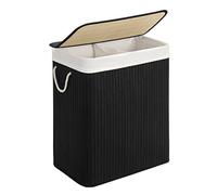 SONGMICS Cesto Portabiancheria, 100 L, Cesta Biancheria a 2 Scomparti in Bambù, Coperchio, Maniglie, Pieghevole, Sacco Rimovibile e Lavabile in Lavatrice, Lavanderia, Casa, Bagno, Nero LCB64BK