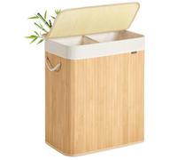 SONGMICS Cesto Portabiancheria, 100 L, Cesta Biancheria a 2 Scomparti in Bambù Coperchio, Maniglie, Pieghevole, Sacco Rimovibile e Lavabile in Lavatrice, Lavanderia, Casa, Bagno, Naturale LCB074Y01