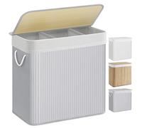 SONGMICS Cesto Portabiancheria, 150 L, Cesta Biancheria a 3 Scomparti in Bambù, Coperchio, Maniglie, Pieghevole, Sacco Rimovibile e Lavabile in Lavatrice, Lavanderia, Casa, Bagno, Grigio LCB091G01