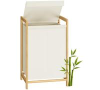 SONGMICS Cesto Portabiancheria 2 Scomparti, Cesta Porta Biancheria Sporca, Struttura in Bambù, Coperchio Rinforzato e Rimovibile, Sacco Rimovibile, 100 L, Bianco Crema RLH102WD01