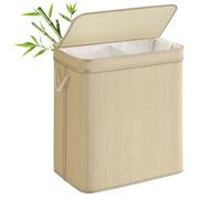 SONGMICS Cesto Portabiancheria 2 Scomparti, Porta Biancheria in Bambù, 130 L, Sacco Rimovibile Lavabile in Lavatrice, Coperchio, Maniglie, Lavanderia Camera da Letto Salotto, Color Naturale LCB068Y01