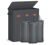 SONGMICS Cesto Portabiancheria 3 Scomparti, Porta Biancheria 160 L, Coperchio, 5 Etichette, Sacchi Interni Rimovibili e Lavabili in Lavatrice, Lavanderia Camera da Letto, Grigio Scuro RLH013G01