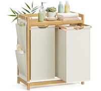 SONGMICS Cesto Portabiancheria a 2 Scomparti, Cesto Biancheria Sporca in Bambù, 100 L, Porta Biancheria con Piano, Tasche Laterali, 2 x 50 L, 63 x 33 x 78 cm cm, Bianco Crema RLH100W01
