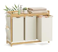 SONGMICS Cesto Portabiancheria a 3 Scomparti, Cesto Biancheria Sporca in Bambù, 150 L, Porta Biancheria con Piano, Tasche Laterali, 3 x 50 L, 94 x 33 x 78 cm, Bianco Crema RLH115W01
