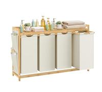 SONGMICS Cesto Portabiancheria a 4 Scomparti, Cesto Biancheria Sporca in Bambù, 200 L, Porta Biancheria con Piano, Tasche Laterali, 4 x 50 L, 124,6 x 33 x 78 cm, Bianco Crema RLH120W01