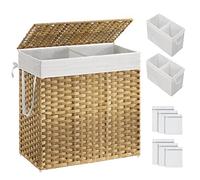 SONGMICS Cesto portabiancheria con coperchio, 130 l, con 2 sacchetti rimovibili e 6 sacchetti in rete, cesto portabiancheria in vimini, doppio cesto portabiancheria per bagno, 33 x 66 x 60 cm,