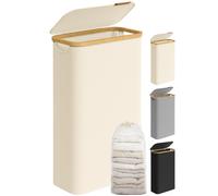 SONGMICS Cesto Portabiancheria con Coperchio, Cesta per Bucato, 65L, Salvaspazio, Sacco Rimovibile, Tessuto Oxford, Manici di Bambù, Pieghevole, 42 x 22,5 x 70,5 cm, Bianco Crema LCB506W01
