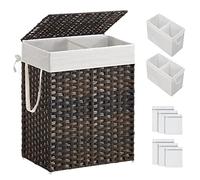 SONGMICS Cesto portabiancheria con coperchio, cesto per biancheria da 90 l, con 2 sacchetti rimovibili e 6 sacchetti in rete, cesto portabiancheria in vimini, doppio cesto portabiancheria per bagno,