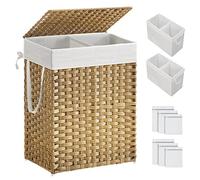 SONGMICS Cesto portabiancheria con coperchio, cesto per biancheria da 90 l, con 2 sacchetti rimovibili e 6 sacchetti in rete, cesto portabiancheria in vimini, doppio cesto portabiancheria per bagno,